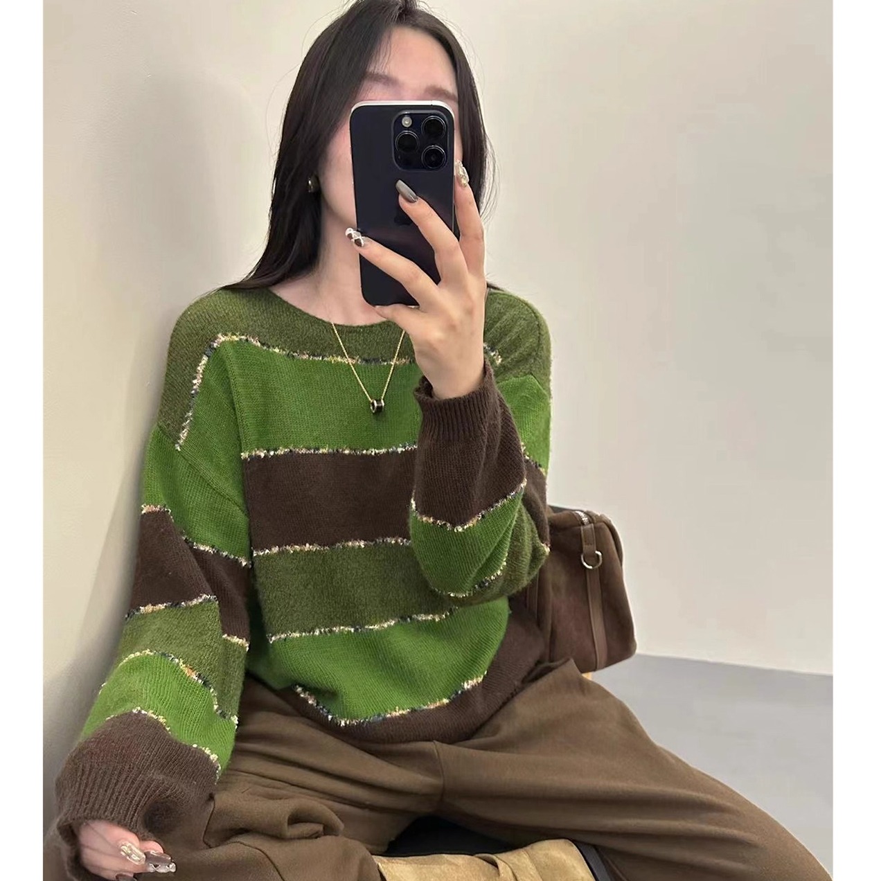 韩系慵懒风针织衫撞色条纹毛衣女