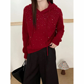 韩范高级感烫钻连帽红色亮闪闪毛衣女卫衣秋冬新款 宽松针织衫 上衣