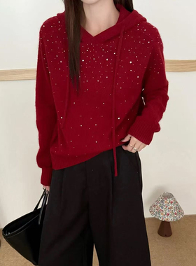 韩范高级感烫钻连帽红色亮闪闪毛衣女卫衣秋冬新款宽松针织衫上衣