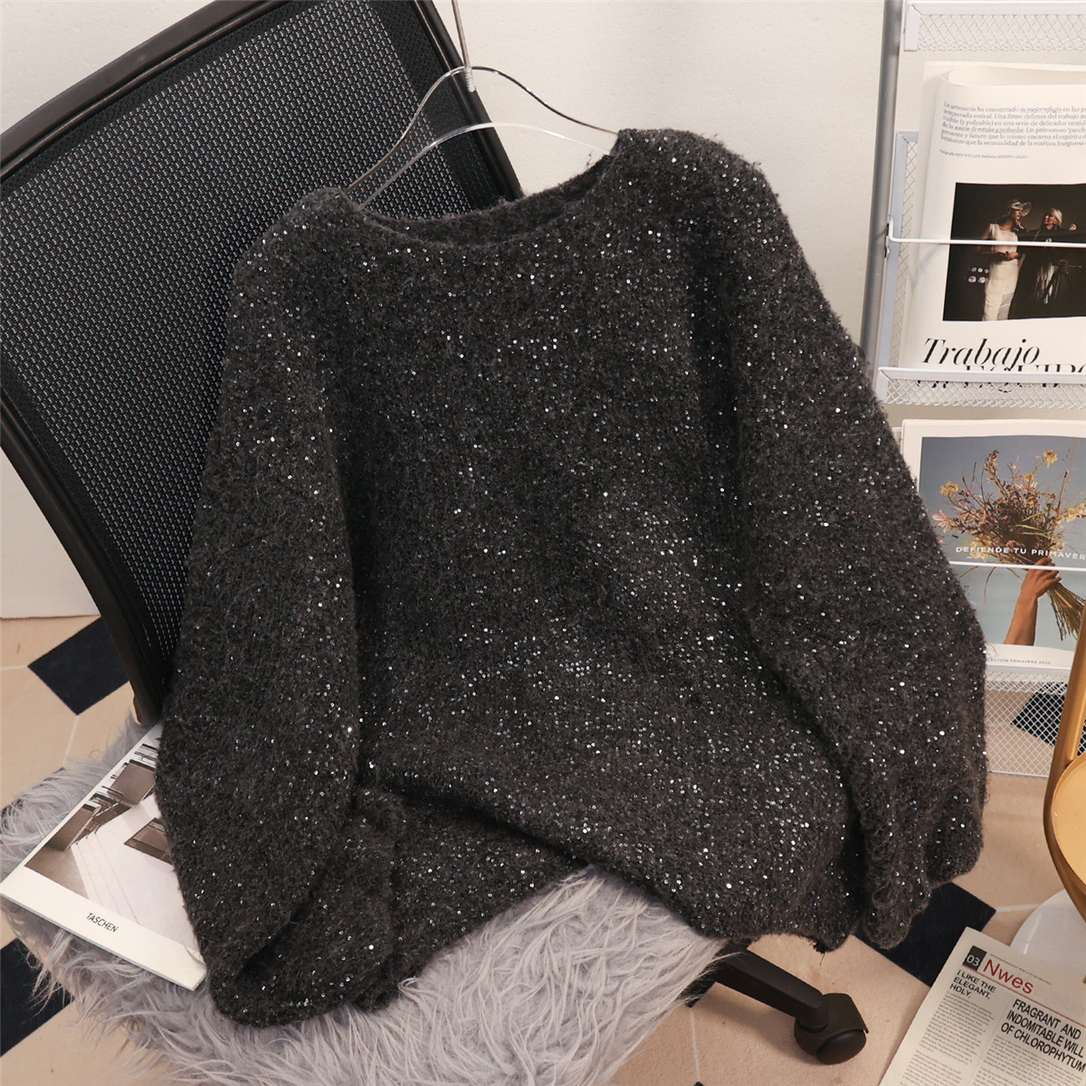 一字领慵懒风宽松针织亮片厚毛衣