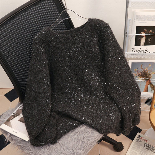 一字领慵懒风宽松针织亮片厚毛衣