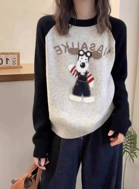 美式慵懒时尚圆领插肩袖趣味卡通图案小狗软糯毛衣女秋冬2025新款