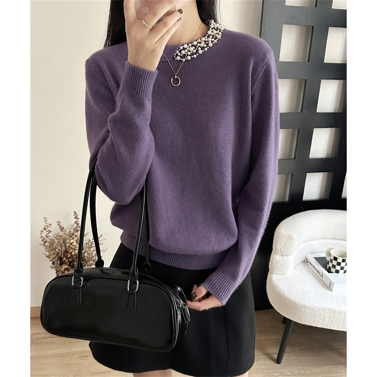 浣熊绒毛衣重工钉珠针织打底衫女