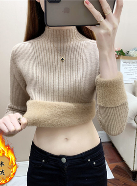 冬季打底衫上衣套头针织衫半高领内搭保暖一体绒加绒加厚女士毛衣