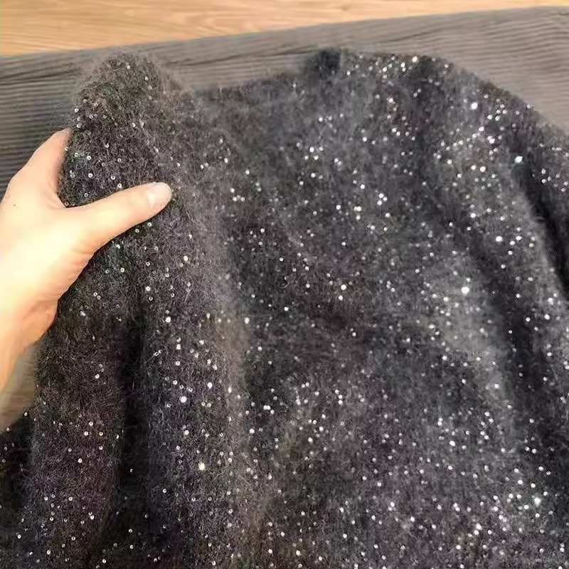 星空纱亮片针织宽松圆领女士毛衣