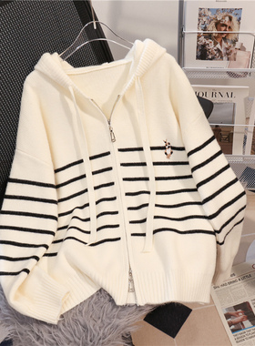 韩版宽松条纹连帽拉链针织开衫女2025年秋冬新款慵懒风厚毛衣外套