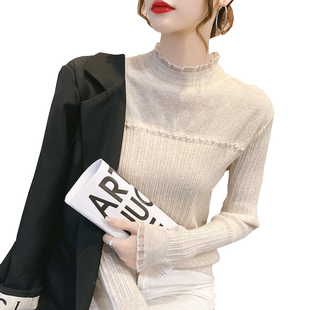 2025春秋新款加绒打底衫女春季毛衣半高领修身蕾丝内搭针织衫上衣