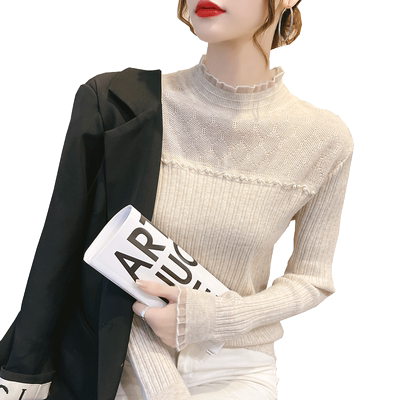 甜美风半高领加绒加厚蕾丝打底衫