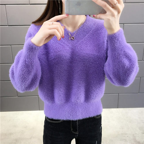 水貂绒毛衣女短款v领洋气内搭潮