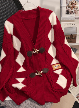 2025年秋冬新款复古牛角扣毛衣外套女洋气显瘦宽松针织开衫上衣潮