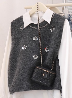 圆领重工亮片灰色针织衫马甲秋冬新款显瘦无袖马夹叠穿毛衣女背心