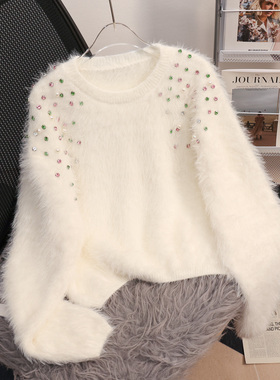 欧货重工镶钻毛茸茸针织衫女洋气内搭秋冬季宽松短款上衣毛衣外套