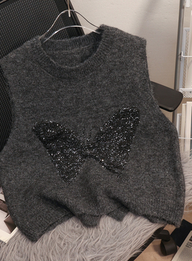 秋冬叠穿无袖毛衣马甲新款蝴蝶亮片后背开叉高级感针织背心女上衣