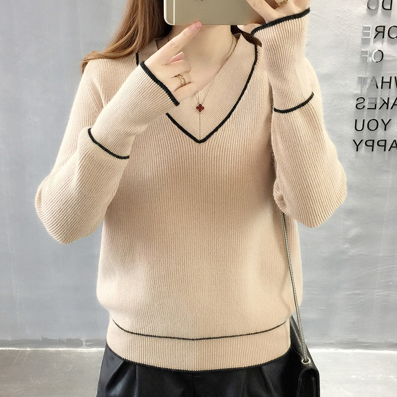 早秋毛衣女宽松慵懒女新款鸡心v领套头长袖韩版上衣女百搭打底衫