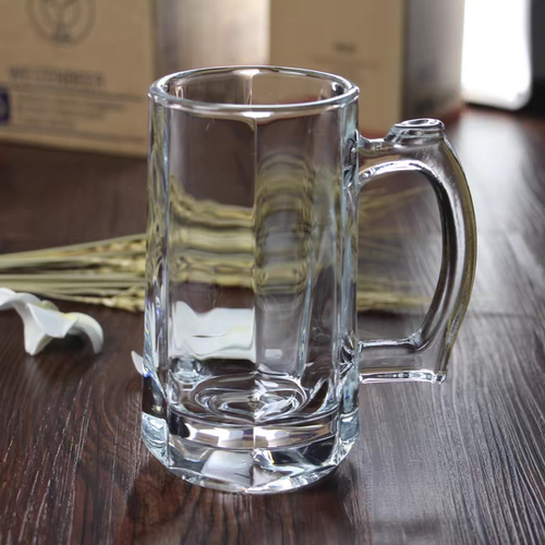 丽尊透明直身条纹带把手玻璃杯啤酒杯扎啤杯水杯茶杯德式酒杯