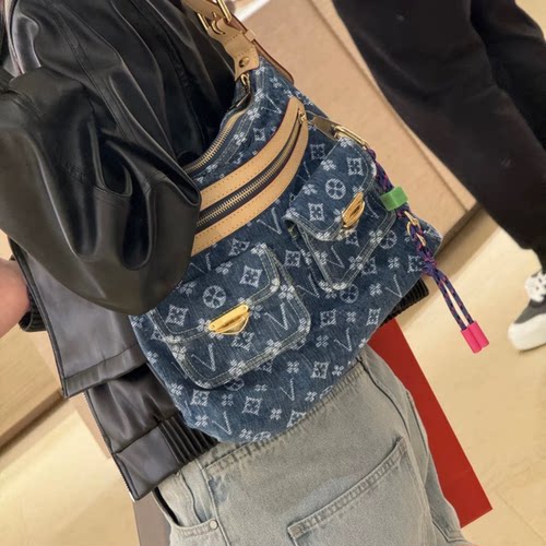 新款老花复古丹宁牛仔hobo单肩包Baggy腋下包休闲通勤手拎托特包