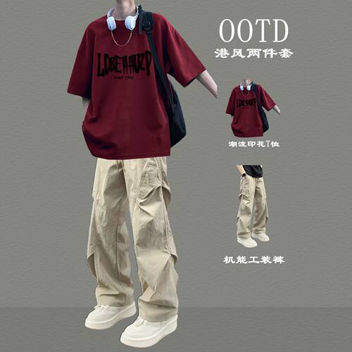 新款男装套装帅气夏季穿搭两件套潮流酷帅学生情侣装短袖长裤一套