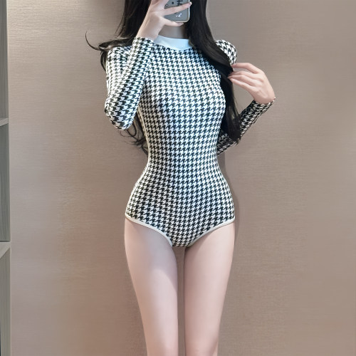长袖拉链千鸟格浮潜连体游泳衣女夏保守小胸显瘦复古冲浪度假海边