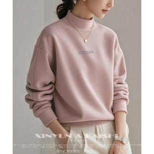 上衣半高领打底衫 圆领卫衣女薄款 宽松长袖 韩版 加绒春秋冬2025新款