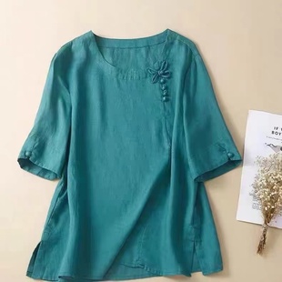 出口意大利品牌國(guó)風(fēng)手工編織盤扣套頭圓領(lǐng)夏天涼感棉麻短袖 女上衣