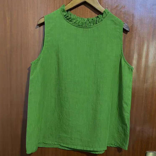 出口外贸法国原单绿色减龄木耳领无袖 遮副乳背心棉麻后背系扣上衣