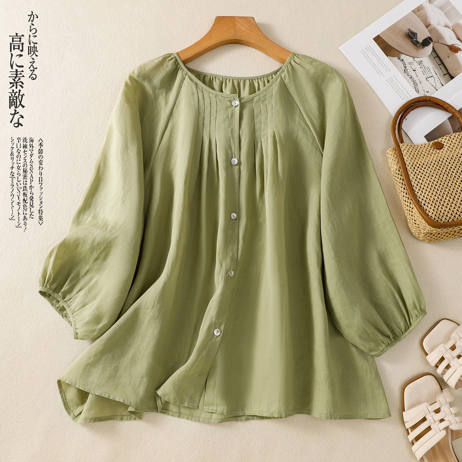 出口外贸法国原单森系风琴褶圆领泡泡袖轻盈感透气罩衫棉麻女上衣