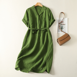 捡漏品牌折扣森系清新显白绿色衬衫裙西装领贴袋收腰棉麻中长裙女