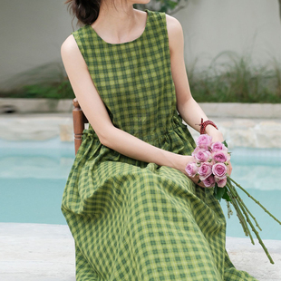 专柜商场撤柜旅游洋气棉麻绿色格子中长裙大码 侧系带调节背心裙女