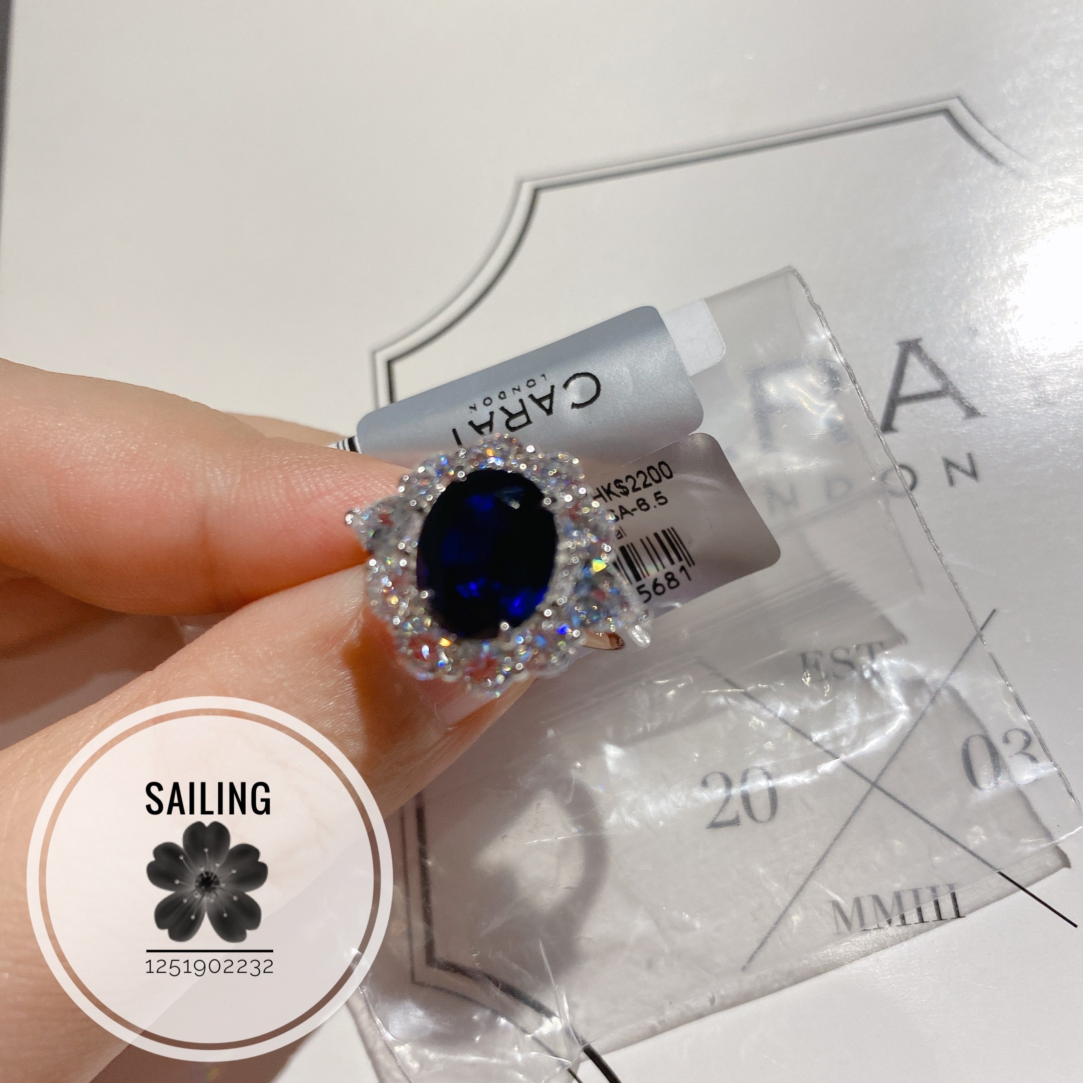 现货 香港专柜代购英国CARAT LONDON 人造钻石蓝宝石戒指3.25克拉