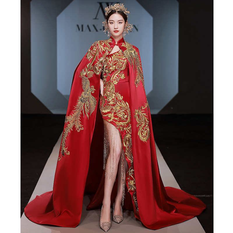 国潮中国风旗袍2026年新款高端大气模特走秀艺考舞台演出礼服女红