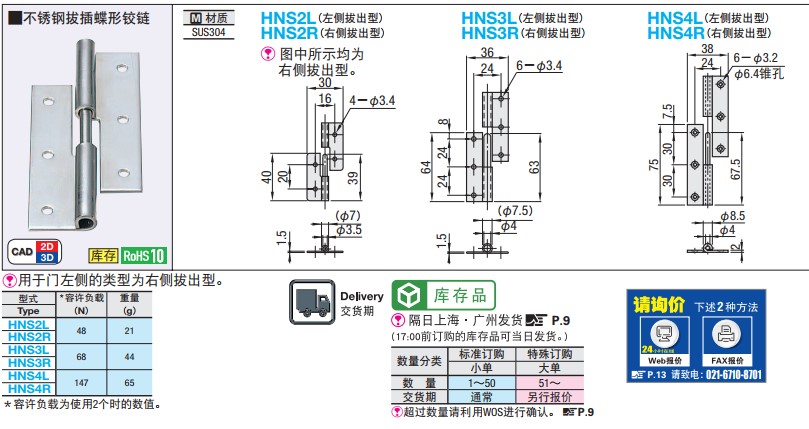 蝶形铰链拆卸合页HNS2L/R HNS3L/R HNS4L/R