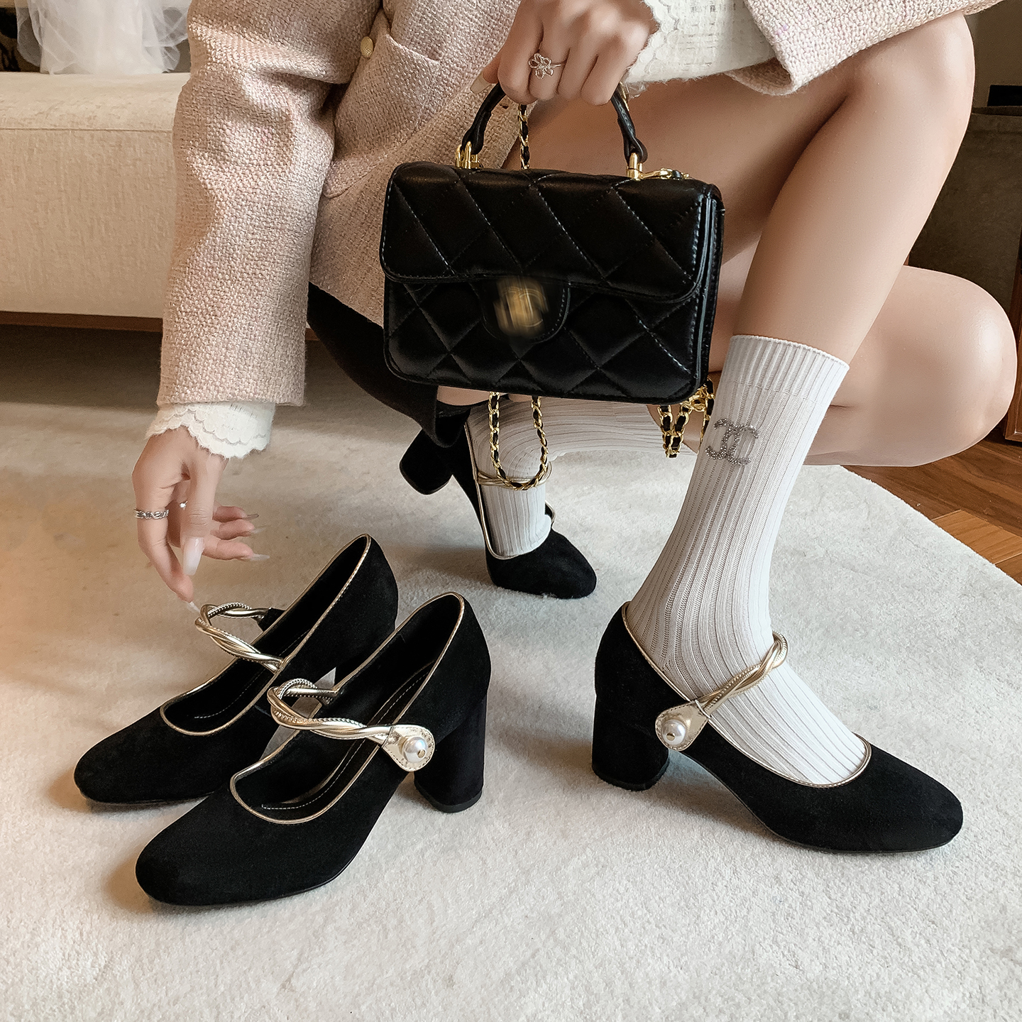 一字扣带玛丽珍鞋女粗跟浅口单鞋