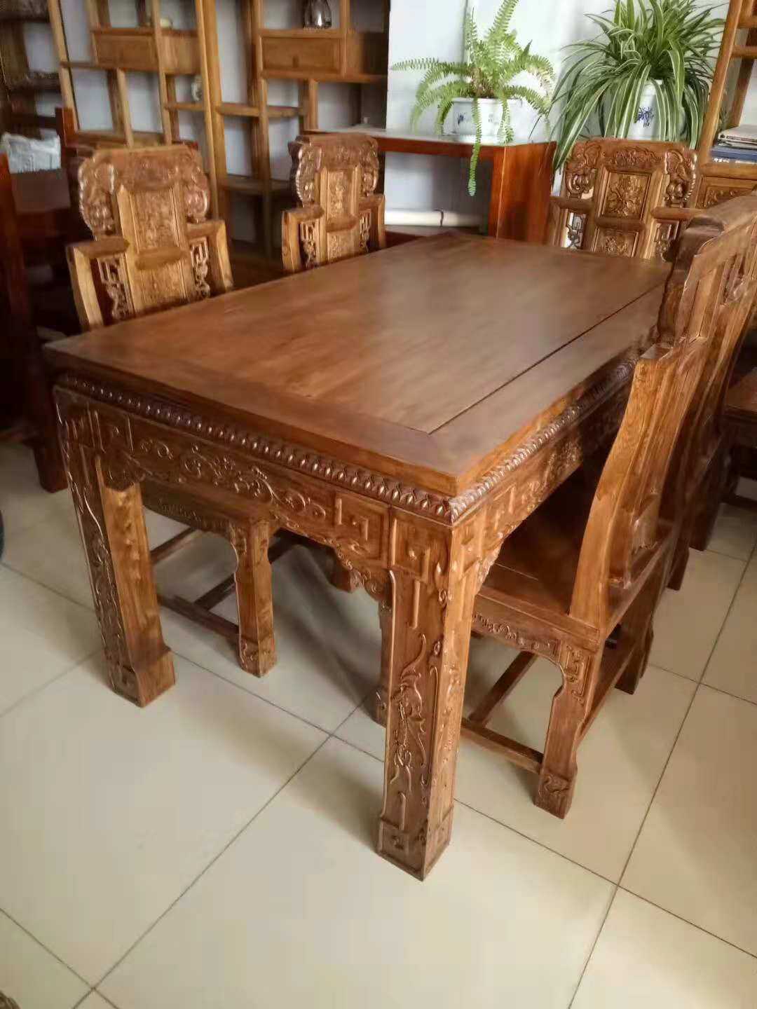 北方老榆木现代简约款吉祥如意餐桌榫卯结构鲁班工艺制作餐厅桌