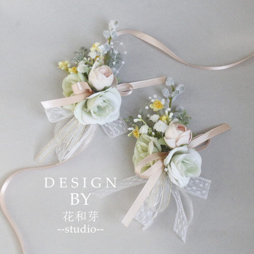 原创清新浅绿森系叶子姐妹团手花