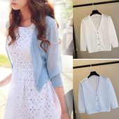 披肩外套短款 冰丝超薄款 七分袖 女v领空调衫 夏季 外搭防晒针织开衫