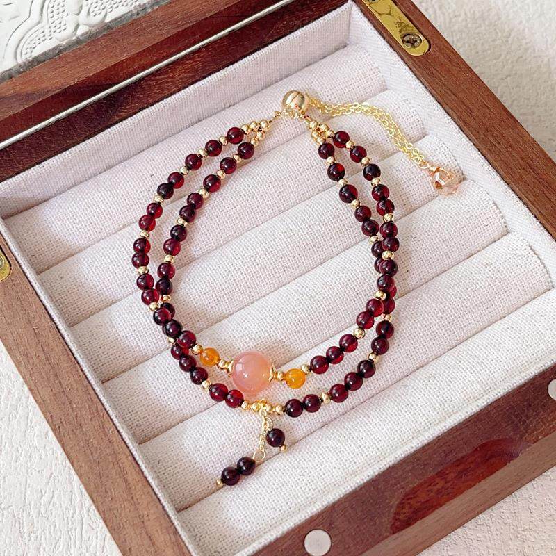 天然琥珀蜜蜡 血珀 粉糖心水晶手链  双圈抽拉式手链手串 3.5