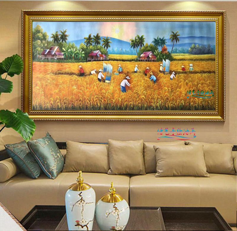 纯手绘五谷丰收风景油画麦田水稻装饰画金色大稻田挂画