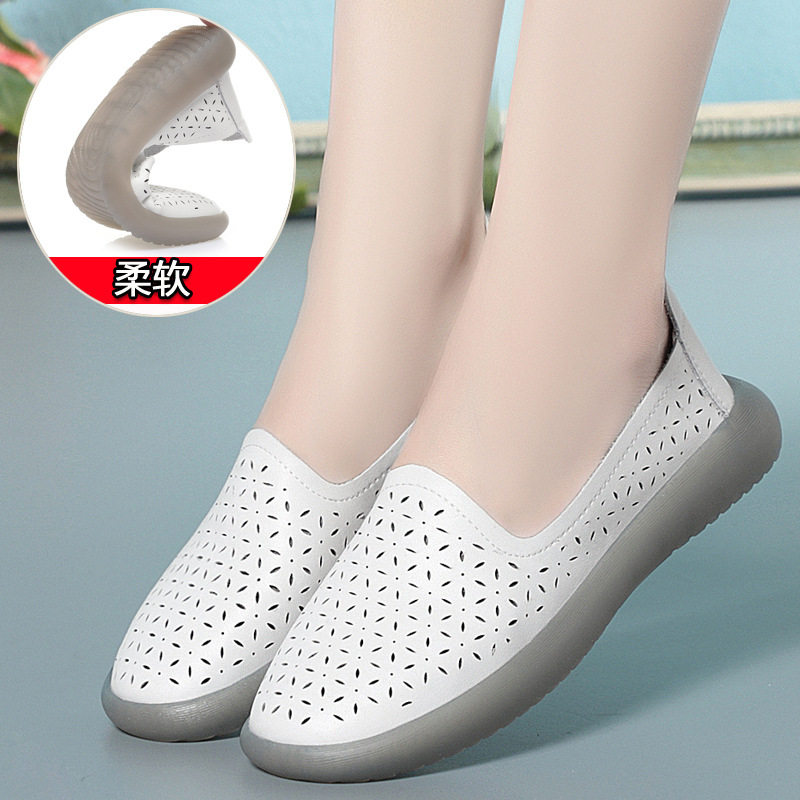 真皮平底凉鞋镂空软底女单鞋低跟牛筋底防滑中老年妈妈洞洞女凉鞋