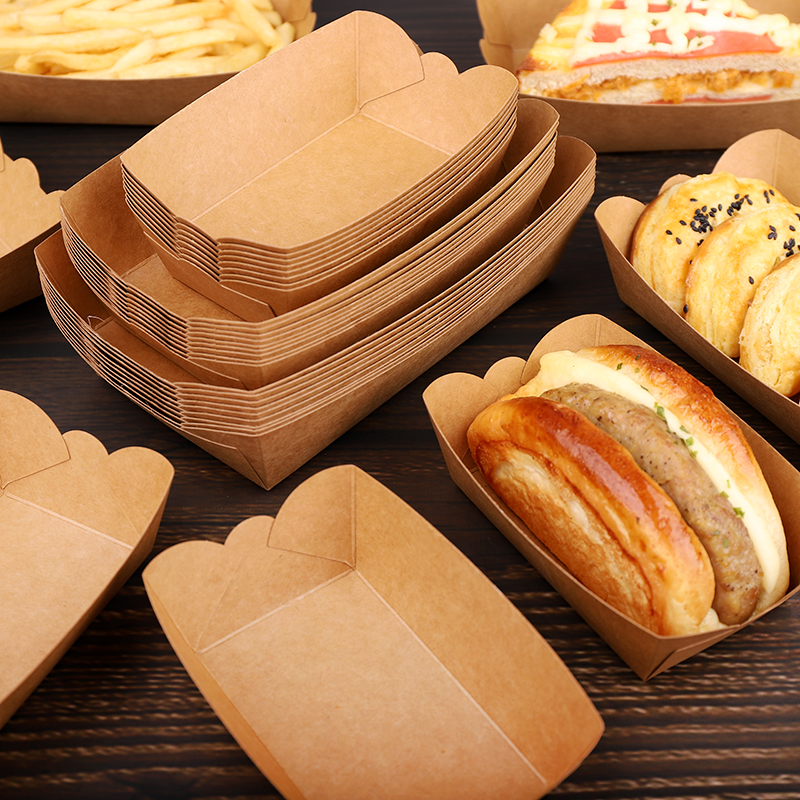 牛皮纸船盒一次性敞口免折叠纸盒
