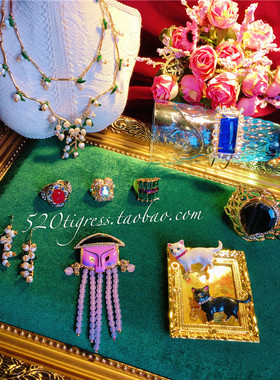 宝石面具天然粉晶胸针镀真金戒指