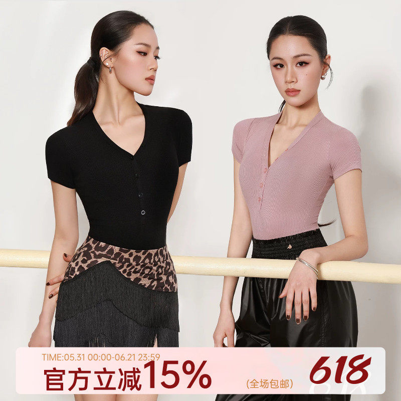 dancebaby拉丁舞服女成人舞蹈服练功服上衣新款形体跳舞服短袖424