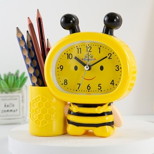 卡通可爱蜜蜂笔筒闹钟学生儿童男女孩家用学习桌面时钟表专用起床