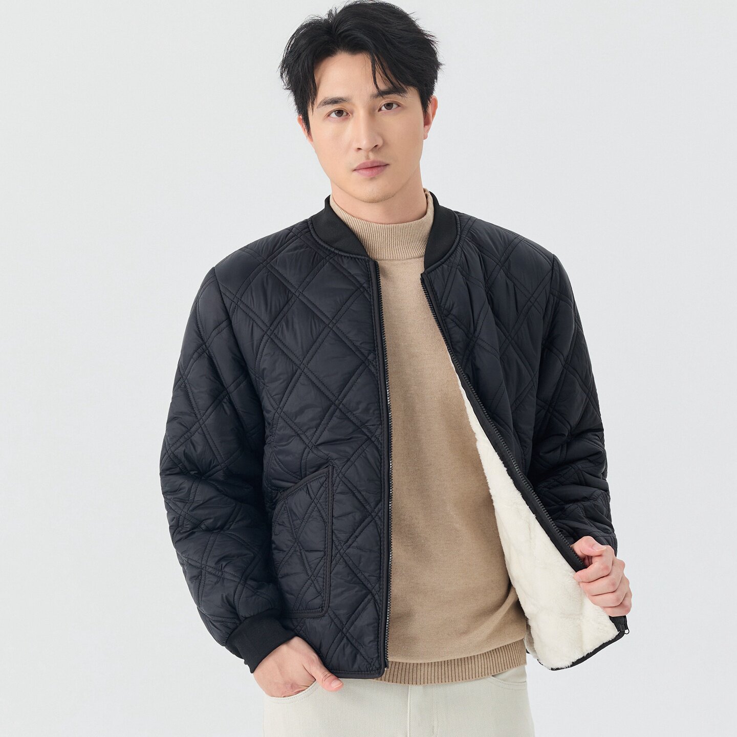 秋冬立领棉服外套男士加绒拉链螺纹口羽绒棉内胆保暖棉衣加厚棉袄