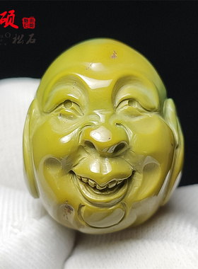 天然俏色黄色绿松石罗汉佛头吊坠 天地孔背云扁珠顶珠 手串 配饰