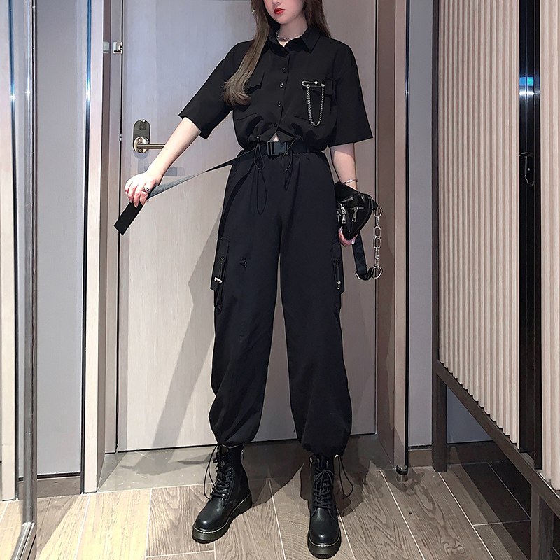 酷酷女孩穿搭工装裤女夏季宽松bf高腰束脚休闲裤暗黑系两件套装潮