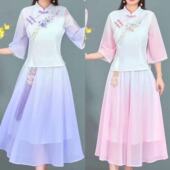 汉服旗袍两件套女2025夏季 新款 时尚 改良版 洋气渐变刺绣古风套装 潮