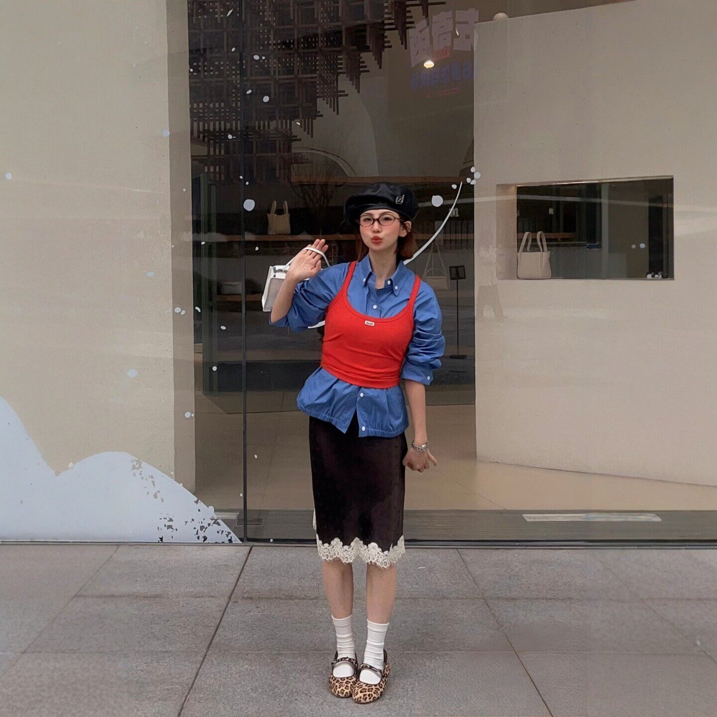 【奢定SHX】2026夏季新款美拉德蕾丝松紧腰拼接中裙子直筒半身裙