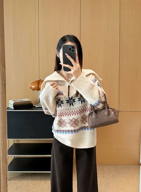 【奢定SHX】2025冬季新慵懒费尔岛纹样圆领开衫毛衣上衣女针织衫