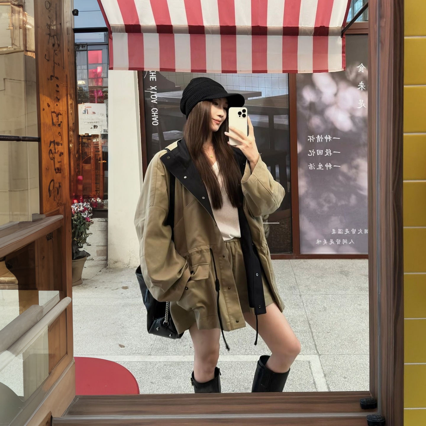 中长款双色连帽阔版卡其风衣套装