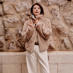 美式 2025冬新款 复古夹克翻领双面穿毛绒派克外套女 高圆圆同款